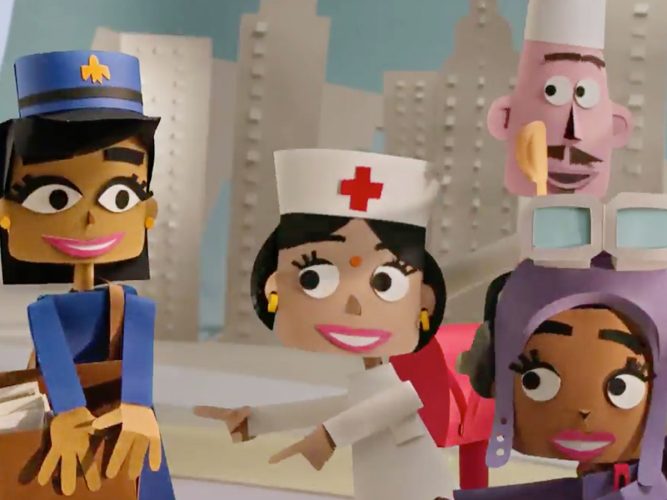 Animated police officer and nurse.