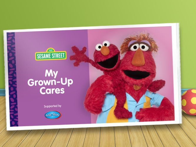 Storybook cover featuring Elmo on his dad's shoulder.