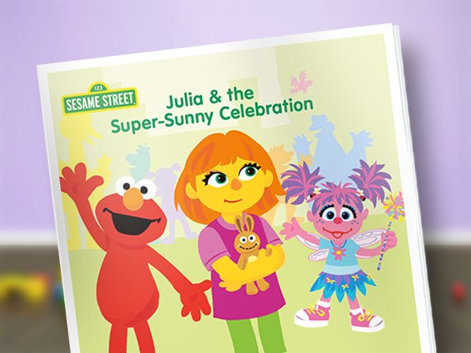Storybook cover featuring Elmo, Julia and Abby.