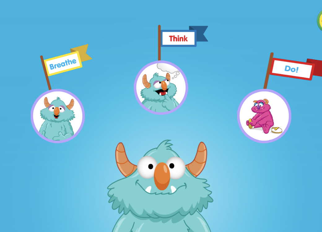 Buddy the Monster menu screen in Breathe, Think, Do app.