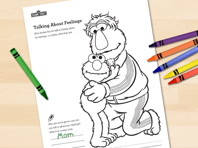Coloring page of Elmo hugging his dad.