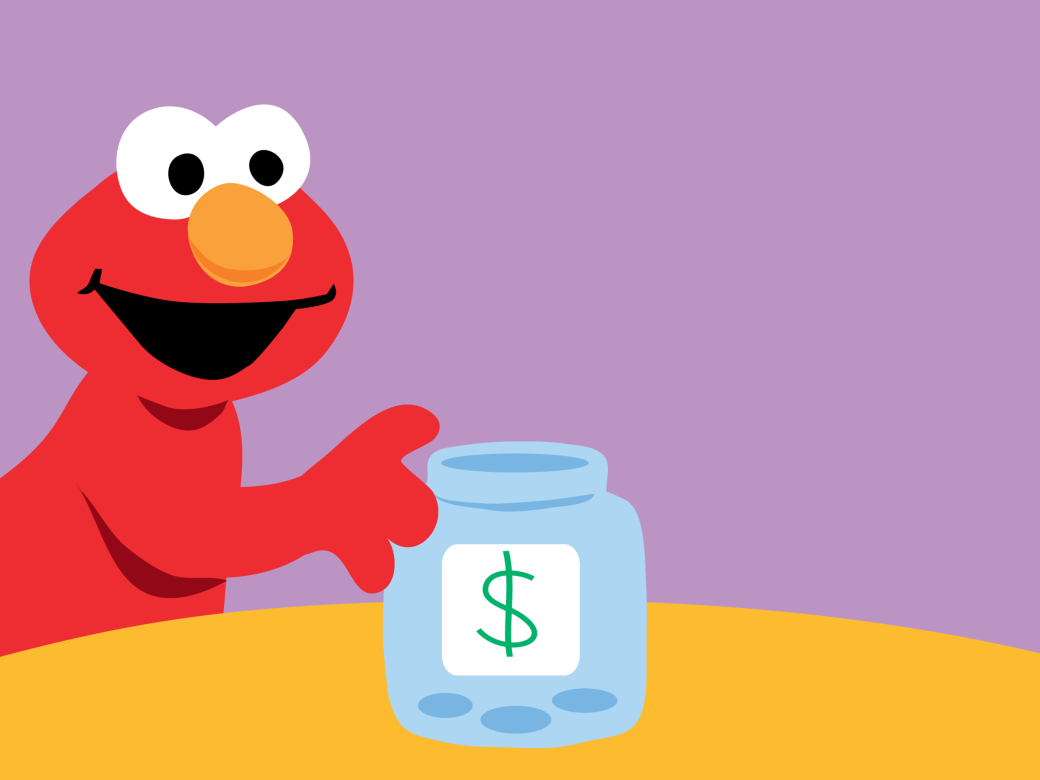 Elmo putting money in a jar.